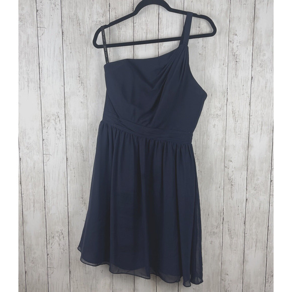 Alfred Angelo Dress Women 12 Navy Blue Bridesmaid One-shoulder chiffon mini Glam - Picture 1 of 11